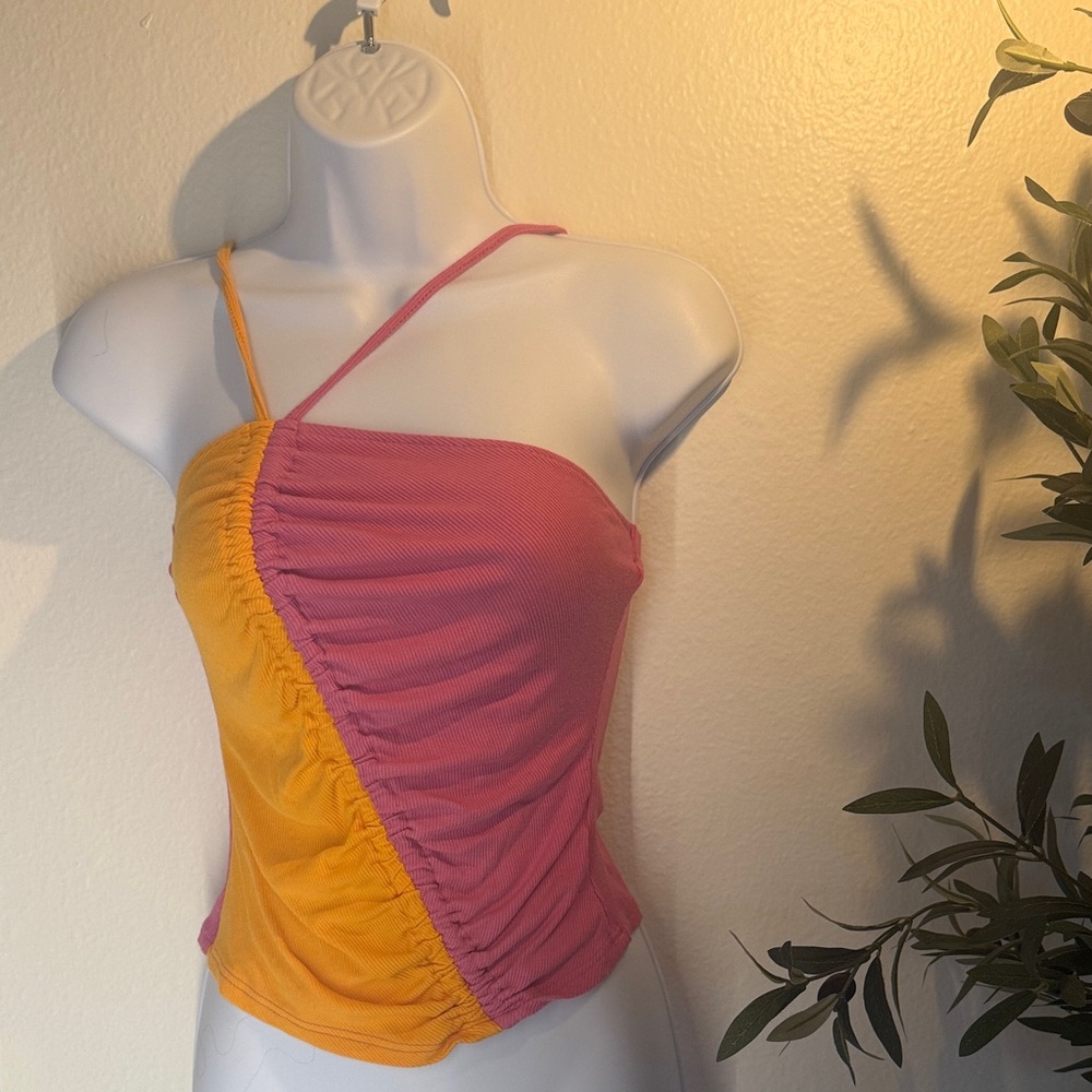 Anthropologie Pink and Yellow Ruched Top